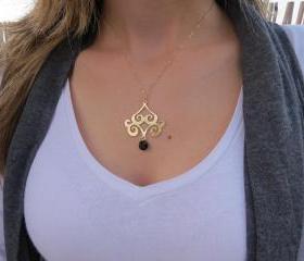 Gold Necklace - chandelier necklace, Black swarovski crystal, Delicate Gold Necklace, Modern gold jewelry