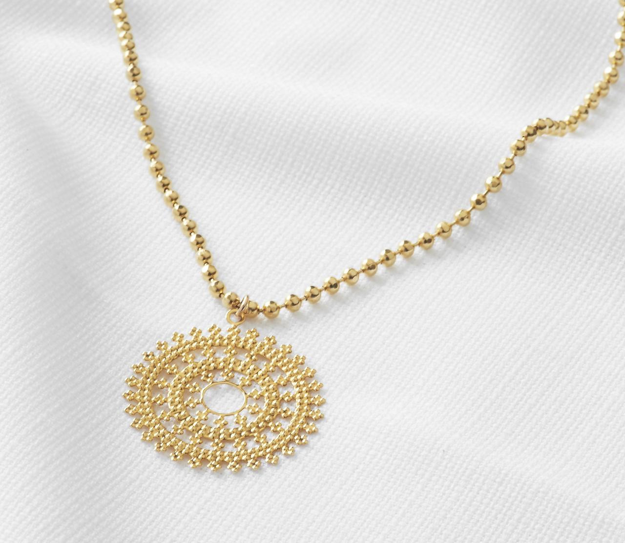 Gold Pendant Necklace, Long Necklace, Round Necklace, Gold Disc